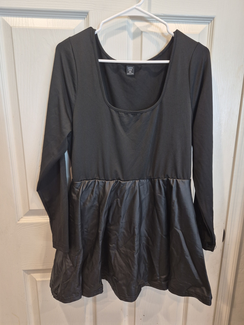 SHEIN Black Long-Sleeve Peplum Mini Dress with Faux-Leather